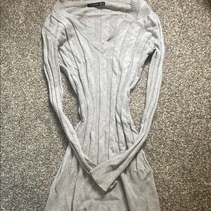 H&M Gray Ribbed Bodycon Dress with V-Neck